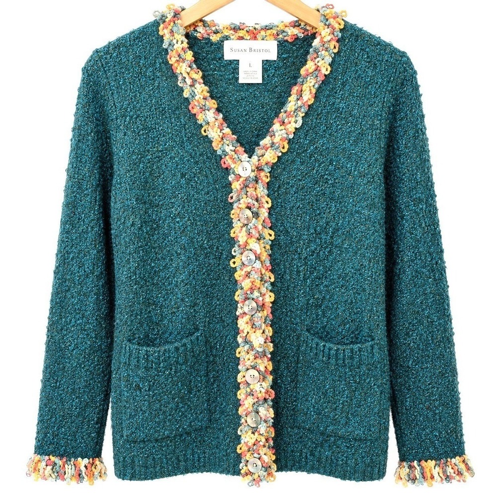 Susan Bristol Cardigan Sweater L Teal Green Blue Boucle Trim Marled Knit NWT